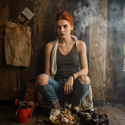 a girl sitting in a dark room by some clothes