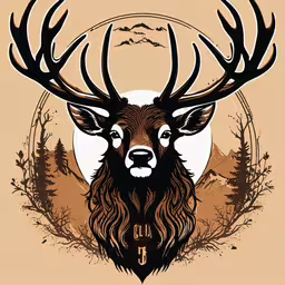 a stylized drawing of a deer head and horns,the head of a deer with trees and mountains in the background