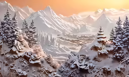 snow - covered mountains with trees are in the background