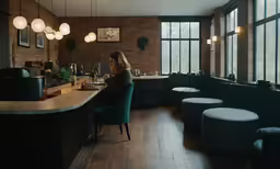 there is a woman sitting at a counter in a restaurant