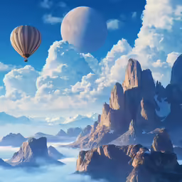 the mountains and valleys of the sky with large floating balloons