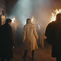 a group of people standing around a fire pit