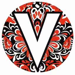the letter v is surrounded by black, white, and red designs