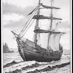 a ship in the ocean with an island in the background