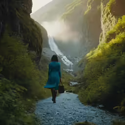 the woman in a blue coat is walking through a mountain trail