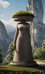 woman statue with a plate on her head in front of a mountain range