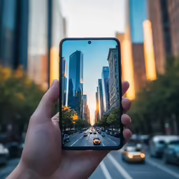 someone taking a selfie on their cellphone while driving in a city street