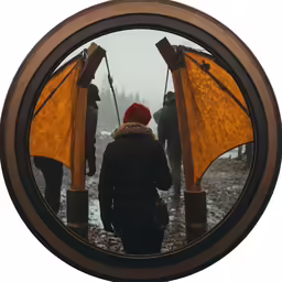 a person walks through an unusual window with yellow paper covering it