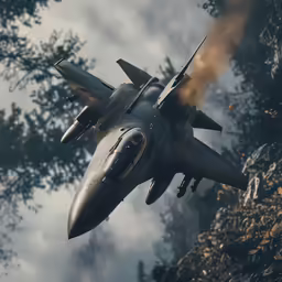 a jet is flying close to some trees