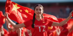 woman holding chinese flag in front of others