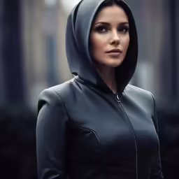 a beautiful woman in black wearing a hoodie