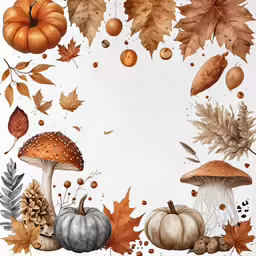 an arrangement of autumn leaves and mushrooms