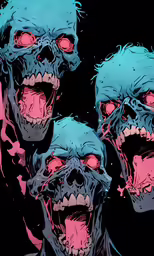 three creepy looking zombies with neon eyes and long tongues