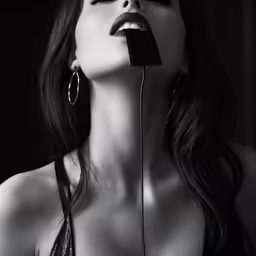 a woman with long eyelashes in a black dress