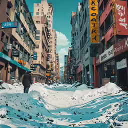 a man walking down a snowy sidewalk by the buildings