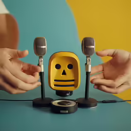 someone holding onto a robot that is in front of three other microphones