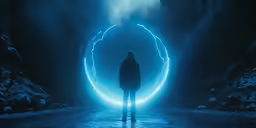 man in a dark, lit tunnel standing inside in the snow