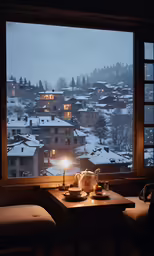 view over snowy mountain with coffee pot and tea set on a table