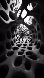 a black and white photo of a tunnel with many circles