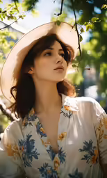 a woman wearing a large hat and a floral shirt