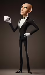 a cartooned male in a tuxedo holding an object