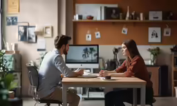 a man and woman sit at a desk while talking
