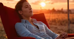 woman relaxing in red chair on the grass,a woman is sitting in a chair and watching the sunset