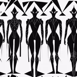 a drawing with different silhouettes of woman in black,a line drawing with an alien and a man on one side
