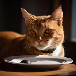 the orange and white cat is next to an empty plate