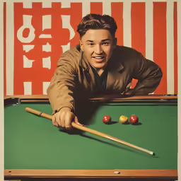 an image of a man with a pool stick on a poster