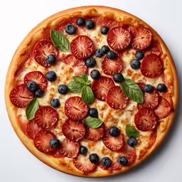 a pizza with blueberries and strawberries on it