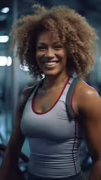 an african american woman working out with an afro,an african american woman smiling in a gym