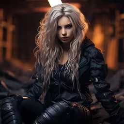 the young woman is posing with her motorcycle gear,a woman posing in leather gloves for a photo