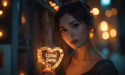 a woman standing by a window holding a lighted heart