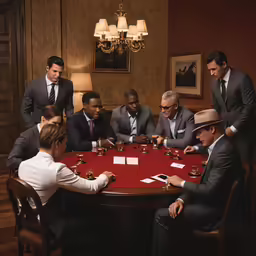a group of businessmen sitting around a red table together