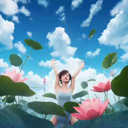 a painting of a woman with her arms in the air surrounded by lily pads