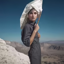 the woman is holding an umbrella above her head