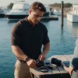 the man in the brown shirt is putting on a pair of black sunglasses