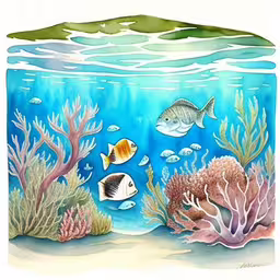 watercolor fish and corals are shown on this blue ocean,an image of some fish on a sea floor,an underwater scene with a fish and corals,watercolo of tropical fish in an underwater scene,this is a drawing of some different animals under water