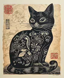 black cat sitting on top of a piece of paper,an image of a cat with flowers and scrolls