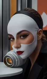 a woman with a fake white face and red lipstick