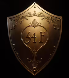 a gold shield with the number 54f on it