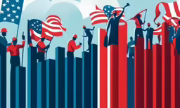 people standing on top of red and blue bars