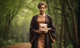 a young woman carrying a gift in the woods