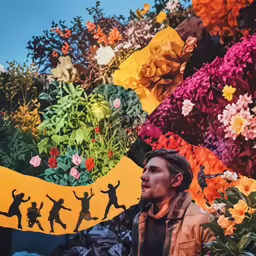 a man in front of a large group of flowers