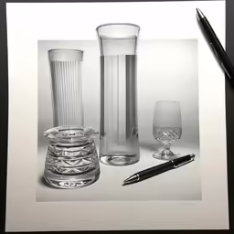 a black and white photo with different glassware on top