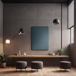 a large table and chairs in front of a gray wall