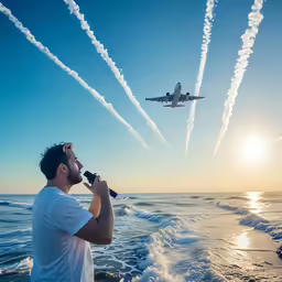 a man on the beach looking out at jets in the sky