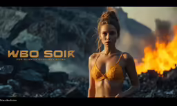 a young woman is standing in front of a bush on fire