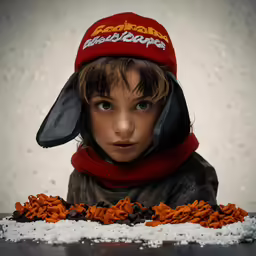 the child is wearing a red hat with ears